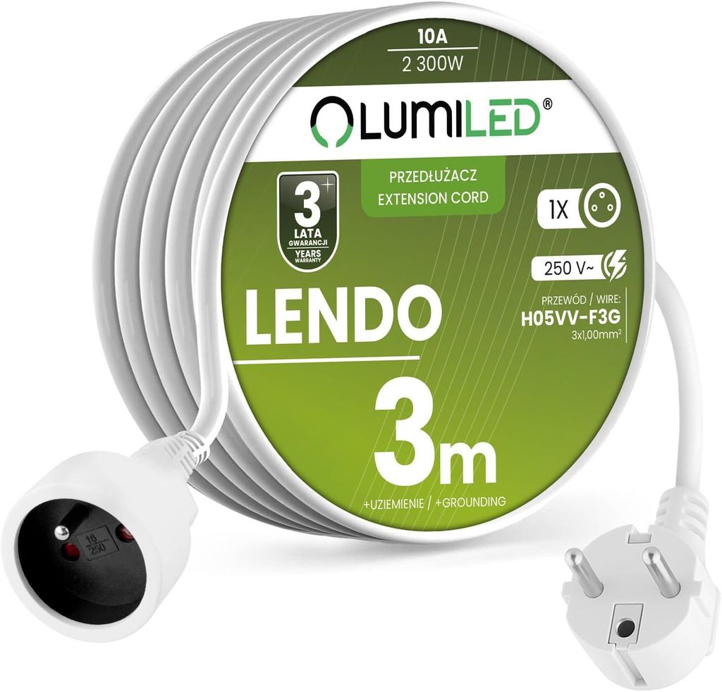 LUMILED robustes und flexibles Verlängerungskabel 3 m Stromkabel H05VV-F 3G 1,0mm² 10A 1-fach Steckdose Typ E PVC für Innen Weiß IP20