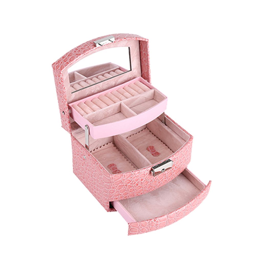 Frauen 3-layer-Schmuckschachtel Make-up Organizer Spiegel Aufbewahrungsbehälter Hülle Box-Rosa