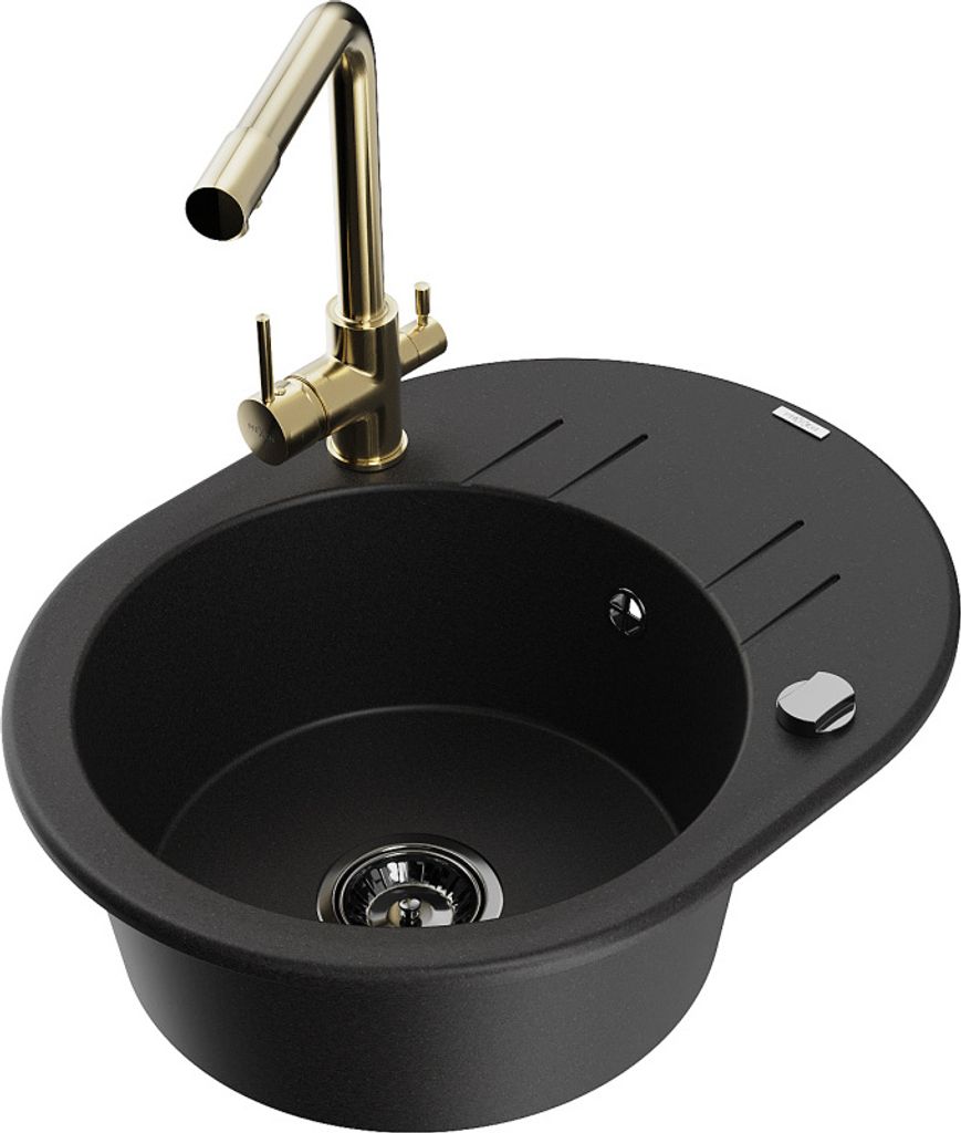 Mexen Kevin 1 Becken-Granitspüle mit Abtropffläche und Mischbatterie Duero, Schwarz - 6517-77-671600-50-B