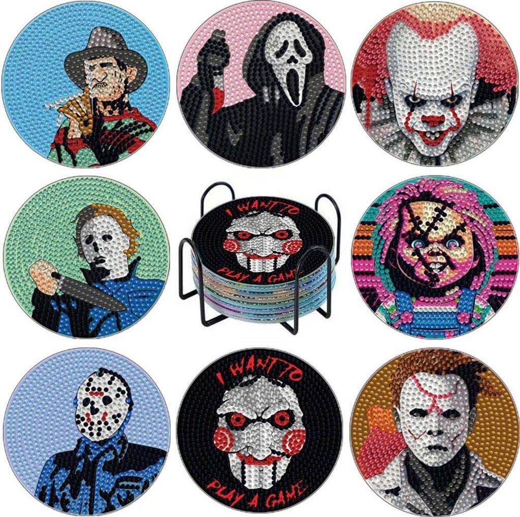 INF 8er Set Acryl Untersetzer mit Diamantmalerei Halloween Horror Figuren DIY Kunst