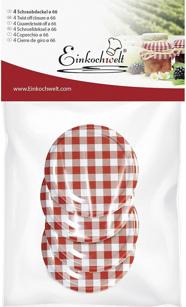 EINKOCHWELT Twist-off Deckel steril. Ø 66 mm, rot/weiß kariert (4er Pack)