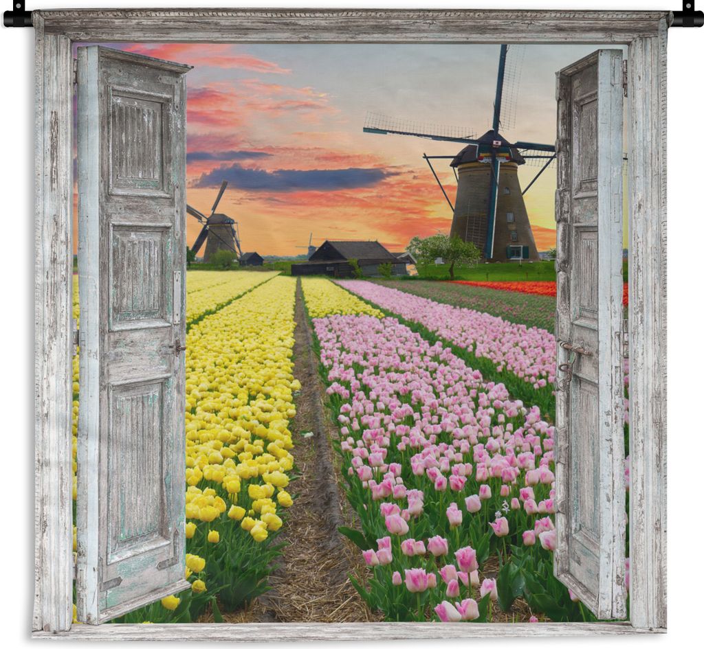 MuchoWow Wandteppich Wandbehang Aussicht - Tulpen - Mühle - Abend 150x150 cm Tapisserie Dekoration Wandtuch - Wohnaccessoires - Modernes