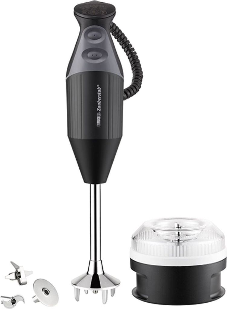 A black and silver hand blender set on a white background.