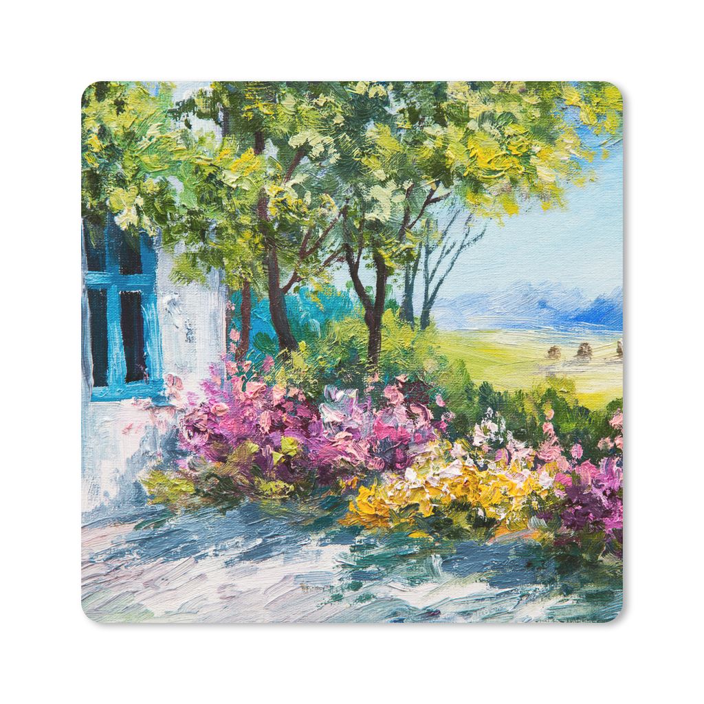 MuchoWow Mauspad Mousepad Malerei - Pflanzen - Blumen - Haus - Öl 20x20 cm - Mousepads - Maus Mat - Pad - Mausunterlage - Desk Mat - Bureauartikeln