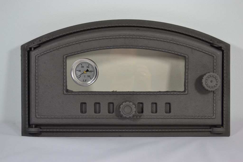 SEZAM - 48x27cm - Pizzaofentür Ofentür aus Gusseisen für Pizzaofen mit Thermometer, Backofen, Kamintür mit Glas, Backofentür Holzofentür Kach...
