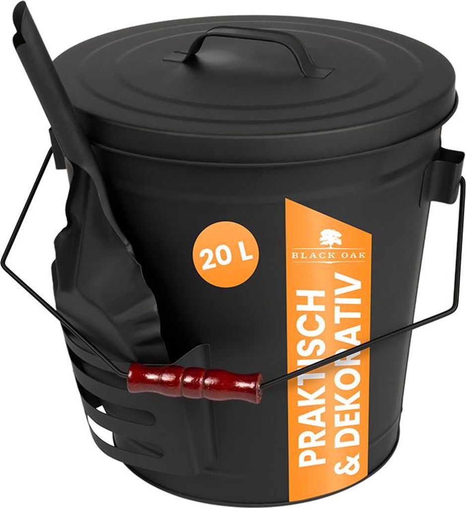 BLACK OAK Ascheeimer STROMBOLI Bügel schwarz 20L - mit Lederhandschuh UND Kehrset