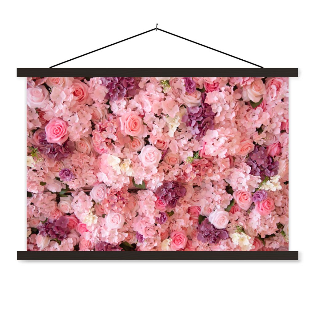 MuchoWow Textilposter Blumen - Rosa - Rosen 90x60 cm mit schwarzem Rahmen - Aufhängungssatz