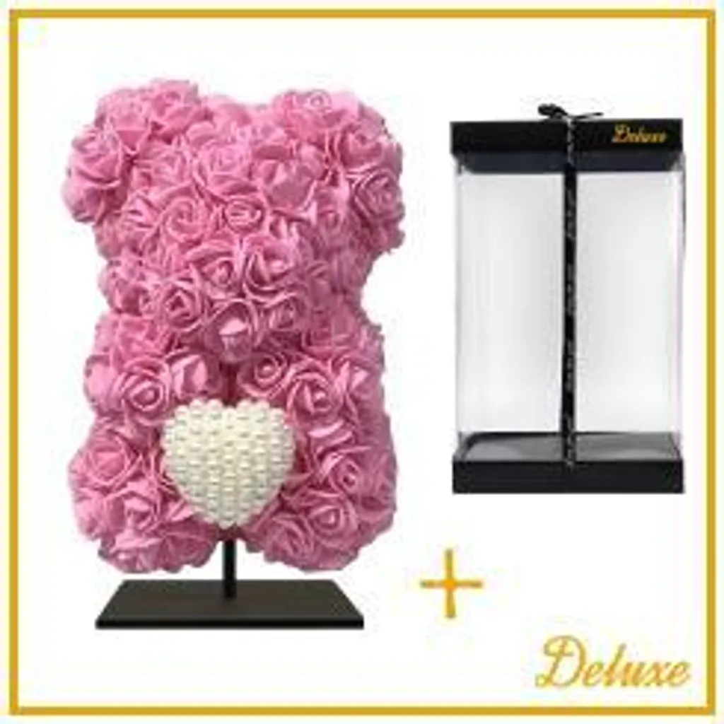 Ours en Rose Fuchsia 25cm sur Socle avec Cœur Diamant Scintillant