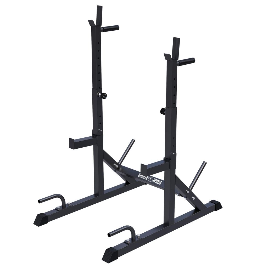 GORILLA SPORTS Squat Rack - Breite und Höhe Verstellbar, mit Dip Station, 30/31mm Scheibenhalter - Hantelständer, Langhantelständer, Hantelablage