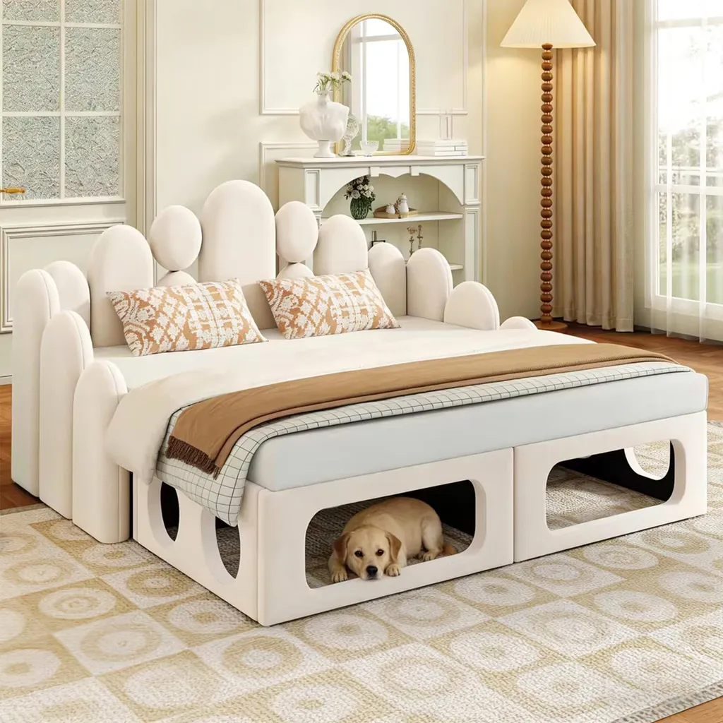 Lit de jour 2 en 1 avec niche pour animal en velours beige 180x200 cm