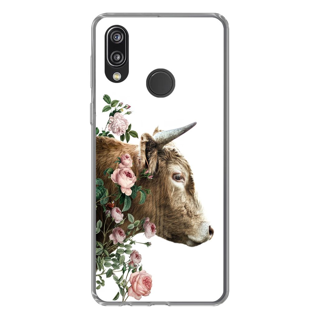 MuchoWow Handyhülle Schutzhülle Hülle für Huawei P20 Lite (2020) Schottischer Highlander - Kuh - Blumen Silikon Softcase Handy Hülle - Karte...
