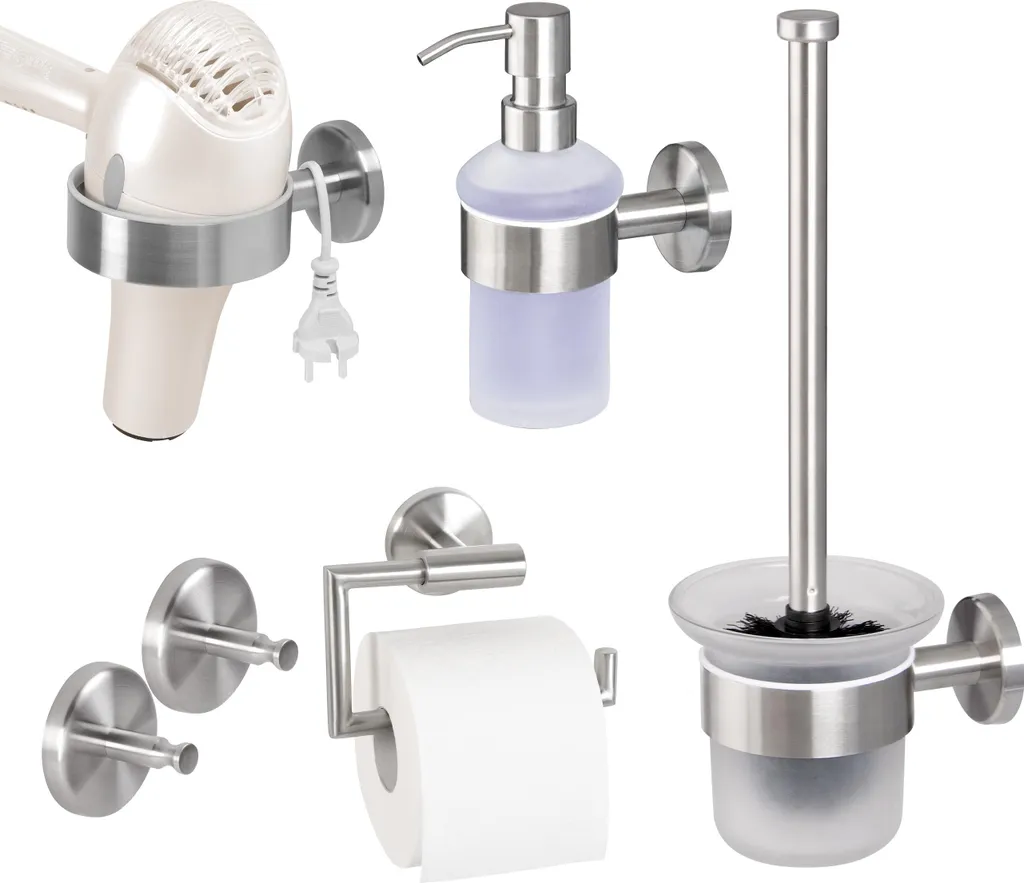 bremermann PIAZZA serie bagno - Accessori bagno 5 pezzi porta rotolo WC set dispenser sapone gancio asciugamano porta asciugacapelli