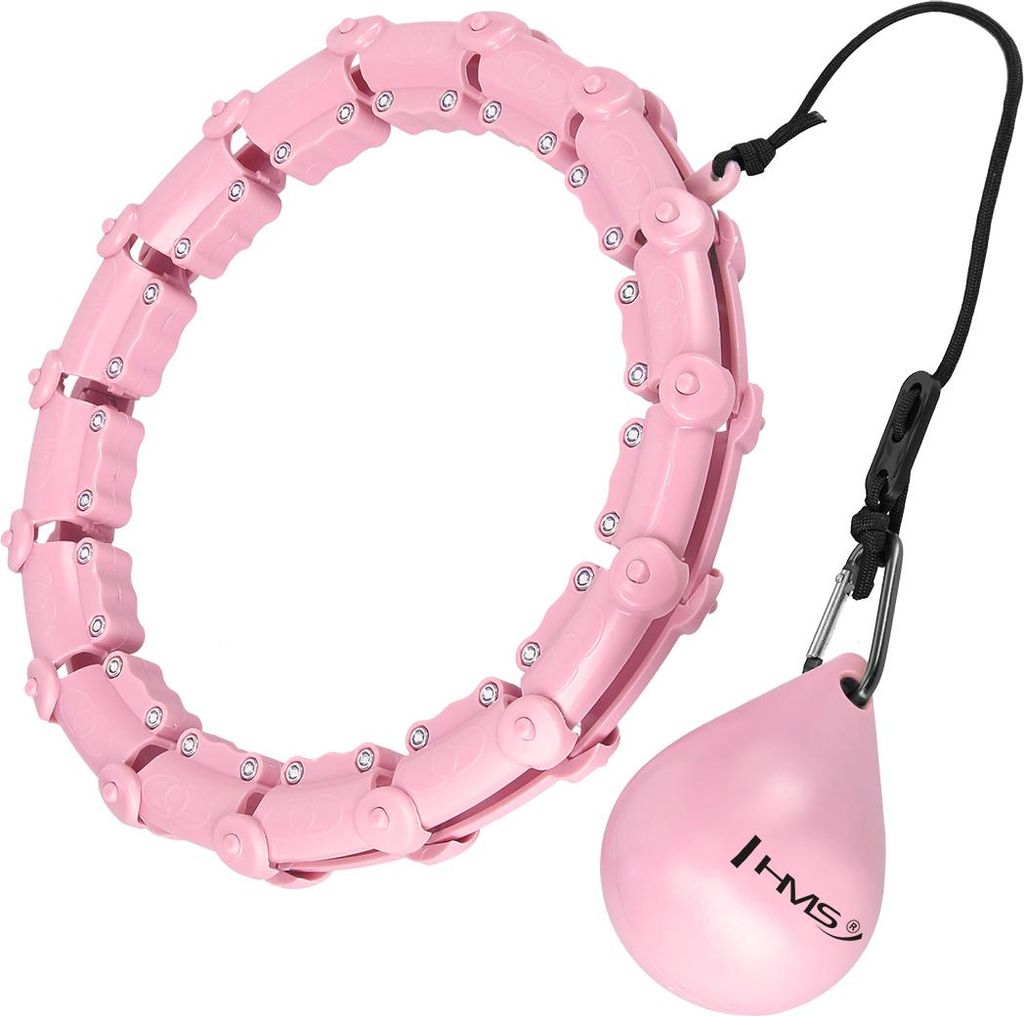 A pink hula hoop with a weighted ball attached by a string, shown on a white background.
