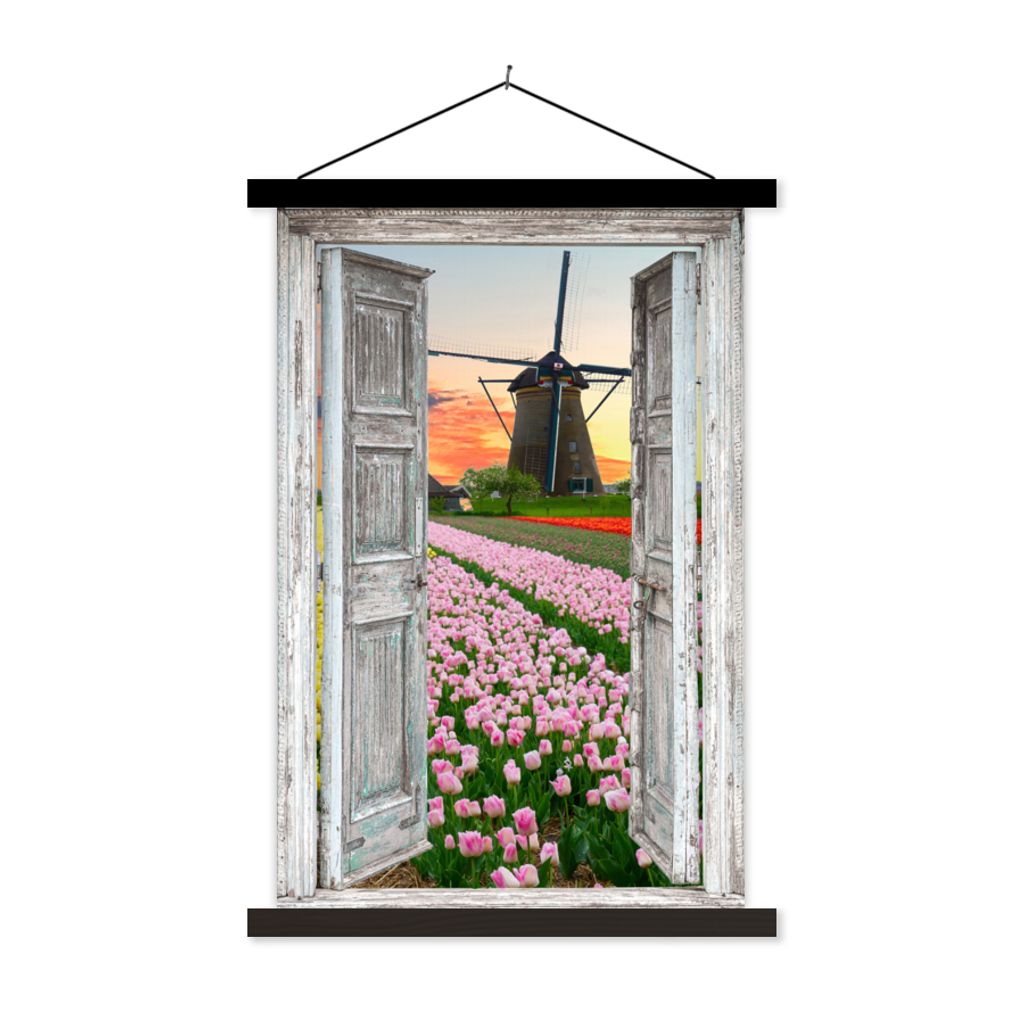 MuchoWow Textilposter Ausblick - Tulpen - Mühle - Abend 60x90 cm mit schwarzem Rahmen - Poster Wohnzimmer