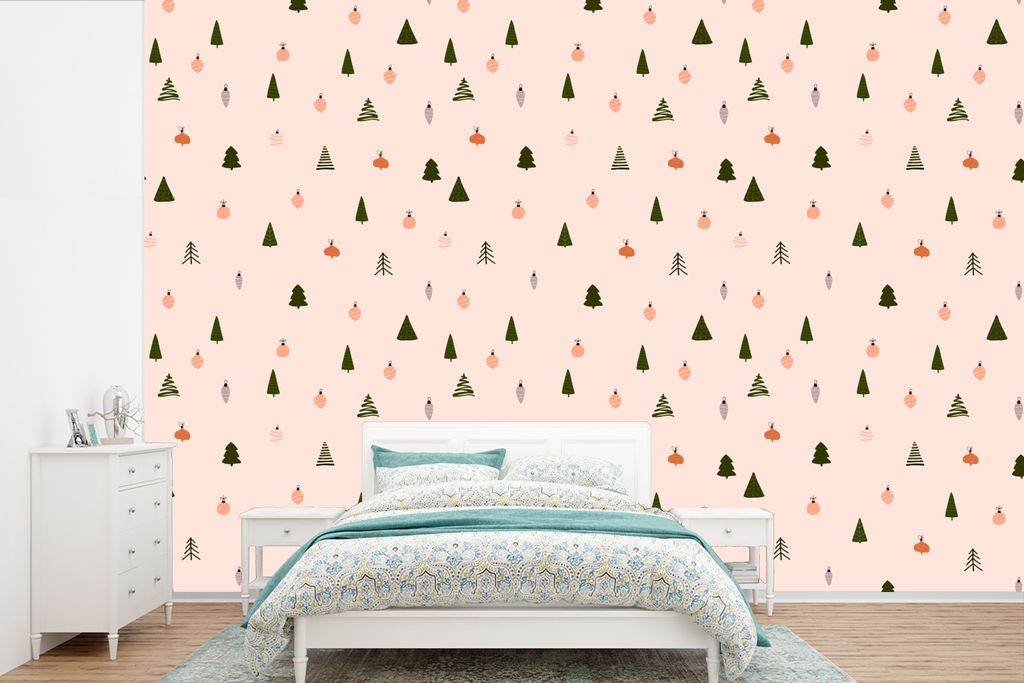MuchoWow Fototapete für Wohnzimmer oder Schlafzimmer Wandtapete Vinyl Motivtapete Weihnachtsbäume - Weihnachtskugeln - Pastell - 525x350 cm - D...