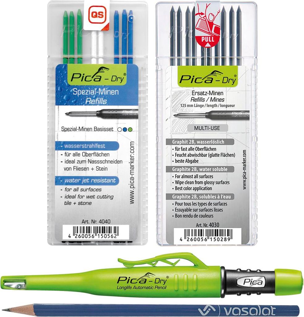 Pica Marker Set - Pica Dry Tieflochmarker + 10 Ersatzminen graphit 2B Multi-Use + 8 Ersatzminen wasserstrahlfest in blau/weiß/grün