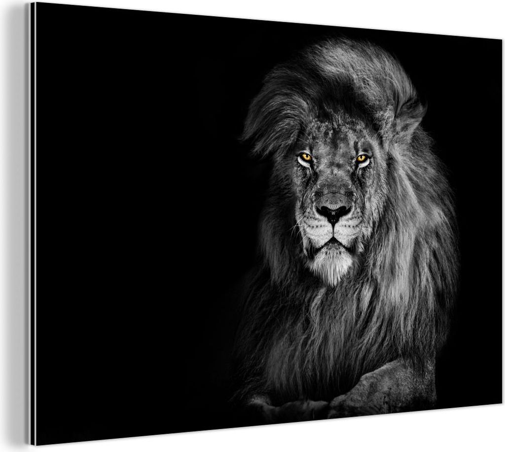 MuchoWow Wanddekoration Metall Metallbild Wandkunst 90x60 cm Löwe - Augen - Orange - Schwarz und weiß - Tiere - Porträt MuchoWow Aluminium Gemä...
