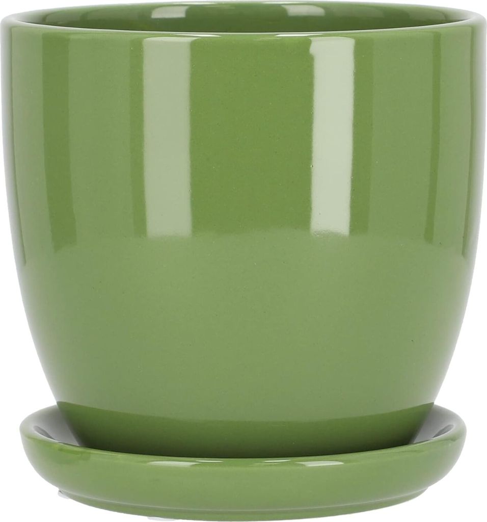 A green ceramic plant pot with a matching saucer, shown against a white background.