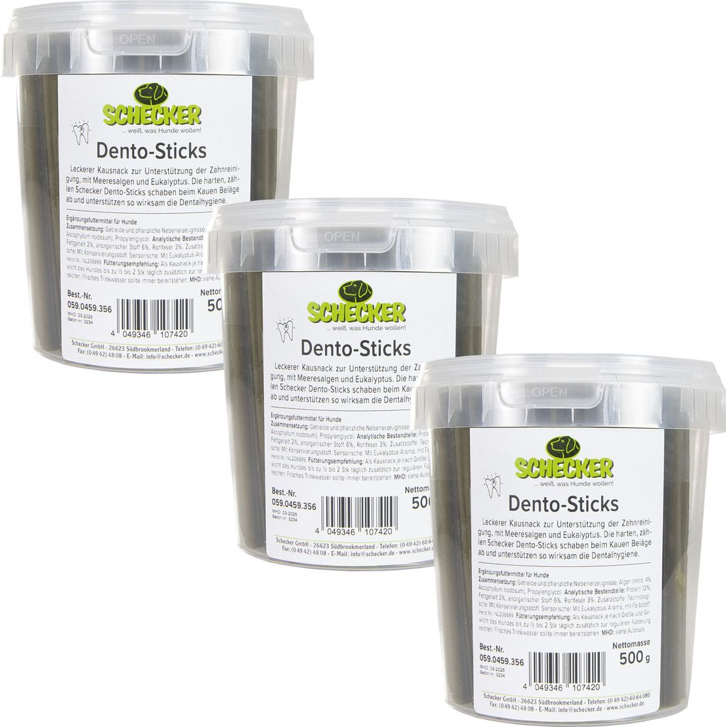 3 x 500g - Schecker Zahnpflege - Dento Sticks - mit Meeresalgen und Eukalyptus