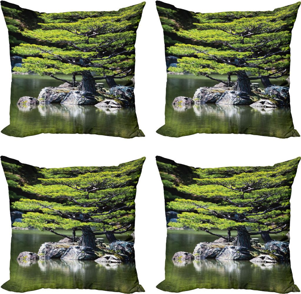 ABAKUHAUS japanisch Kissenbezug Set (4 Stück), Kiefer in See, Moderner Doppelseitiger Digitaldruck, 45 cm x 45 cm, Grün