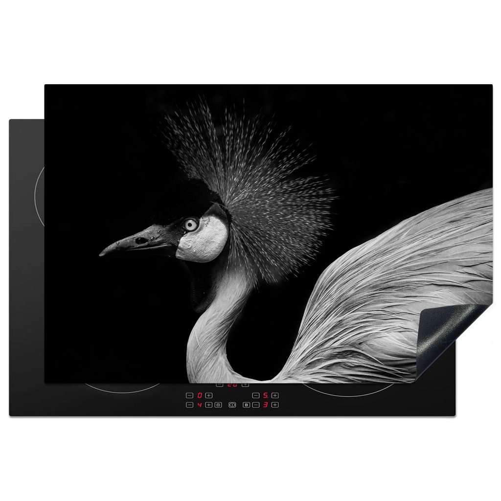 KitchenYeah Herdabdeckplatte Kranich - Schwarz - Weiß - Vogel - Tiere , 78x52cm, Küche Deko, Glaskeramikkochfeld Herdabdeckung, Abdeckplatte f...