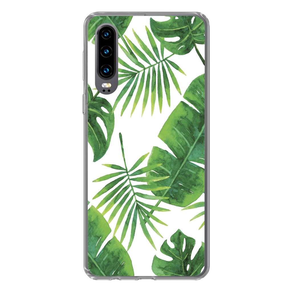 MuchoWow Handyhülle Schutzhülle Hülle für Huawei P30 Tropisch - Blätter - Muster Silikon Softcase Handy Hülle - Kartenbesitzer
