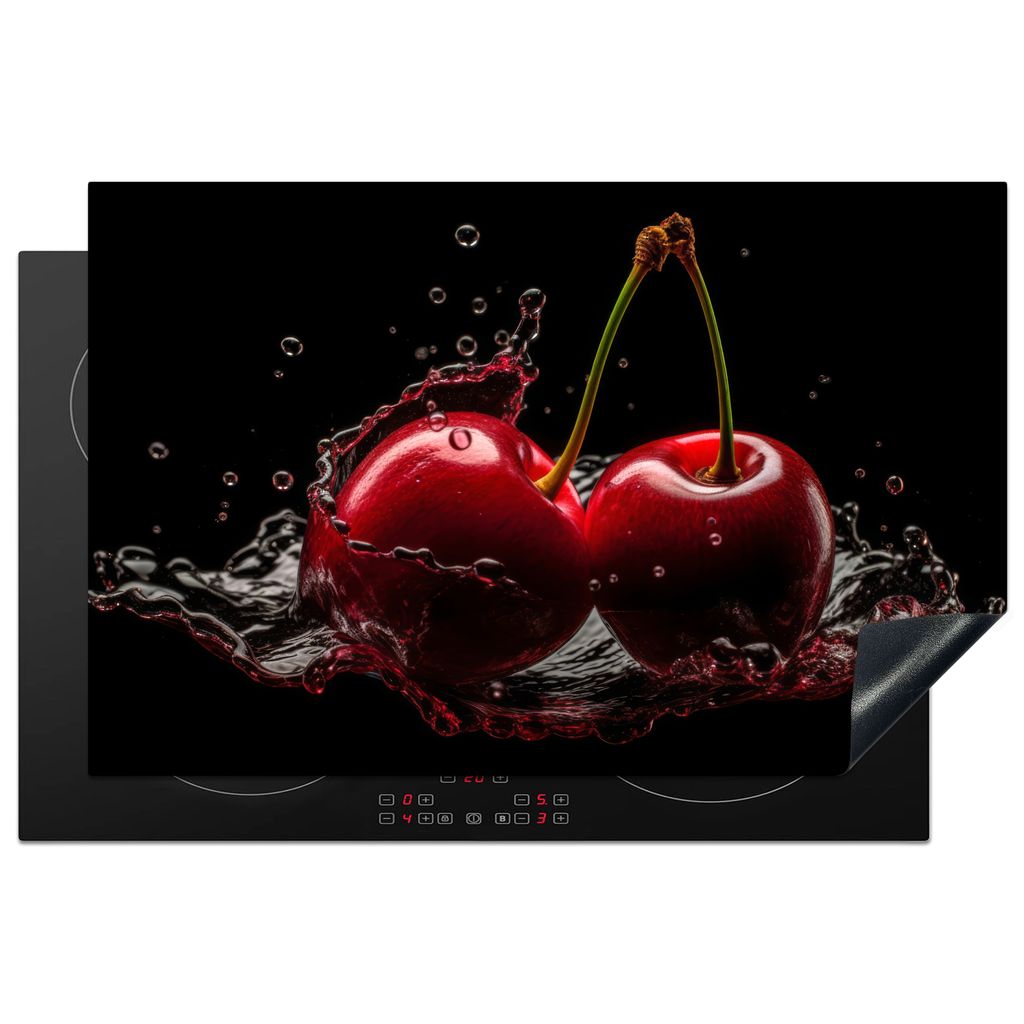 KitchenYeah Herdabdeckplatte Kirsche - Rot - Frucht - Wasser - Schwarz , 80x52cm, Küche Deko, Glaskeramikkochfeld Herdabdeckung, Abdeckplatte f...