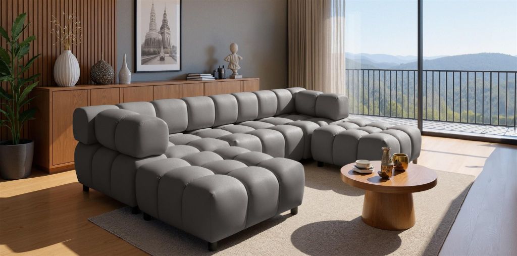 Sofa Designersofa FLOW 3-Sitzer inkl. 2 x Polsterhocker Stoff Bluvel Dunkelgrau