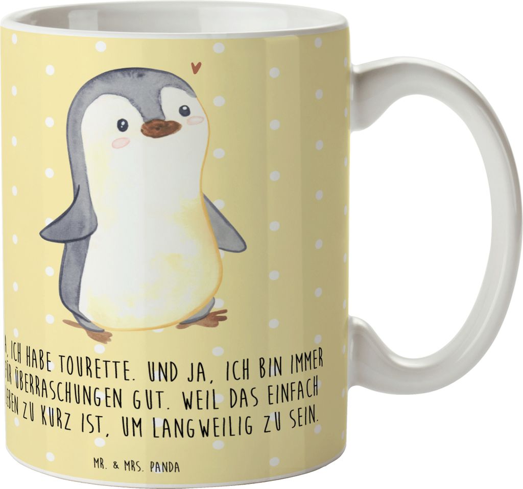 Mr. & Mrs. Panda Trinkbecher Pinguin Tourette - Gelb Pastell - Geschenk, Ticstörung, Kaffeebecher, Syndrom, tasse für kaffee, Tics, Kaffeetasse, ...