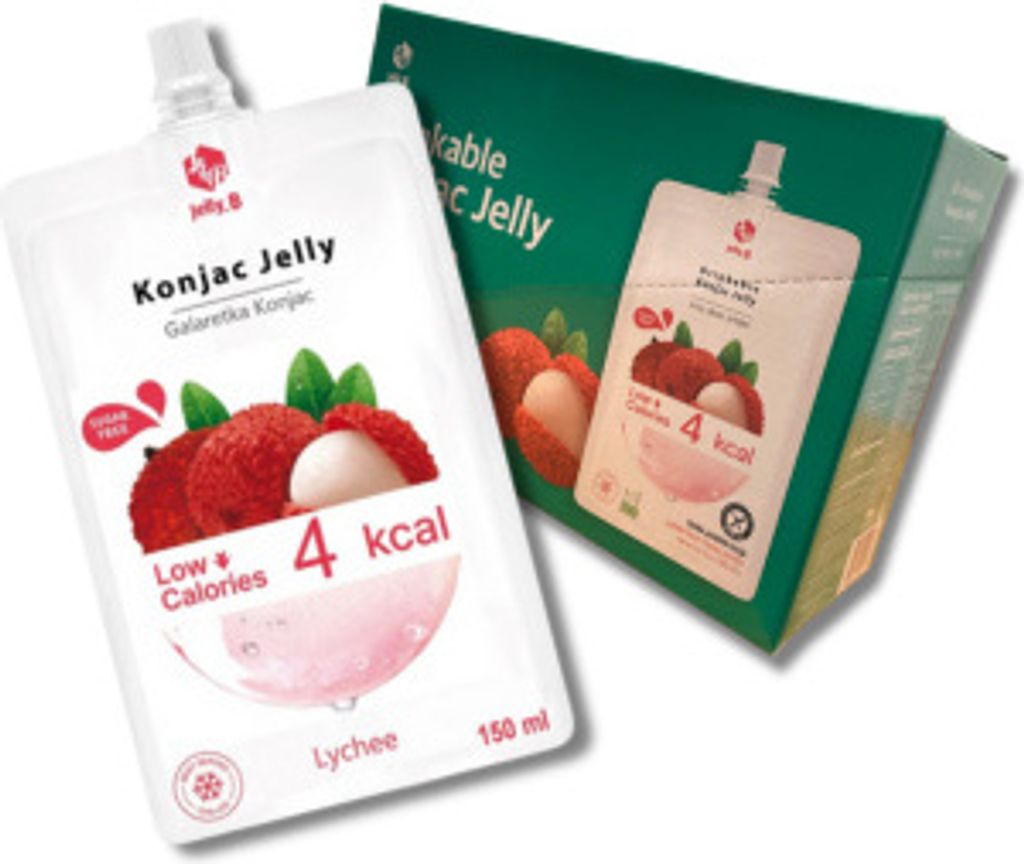 A pouch of Konjac Jelly and its box packaging are displayed against a white background.