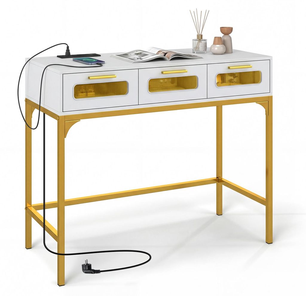 COSTWAY Konsolentisch, Beistelltisch mit LED-Beleuchtung & Ladestation, Flurtisch schmal mit 3 Schubladen, Sofatisch, 90 x 40 x 75 cm, Weiß & Gold