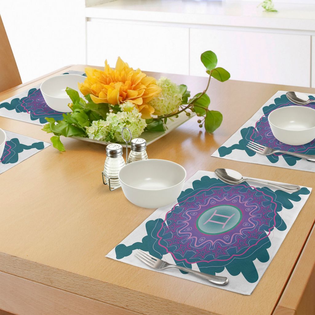 ABAKUHAUS Sternzeichen Zwillinge Platzmatten, Gekritzel-Art-Mandala-rundes Muster mit kosmischem Zeichen und Gekritzel, Tiscjdeco aus Farbfesten St...