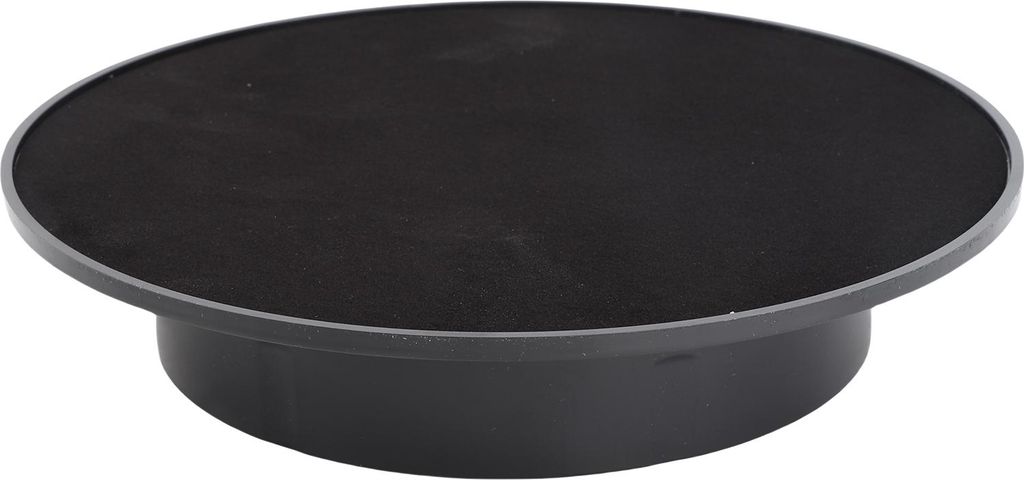 A black rotating display stand on a white background.