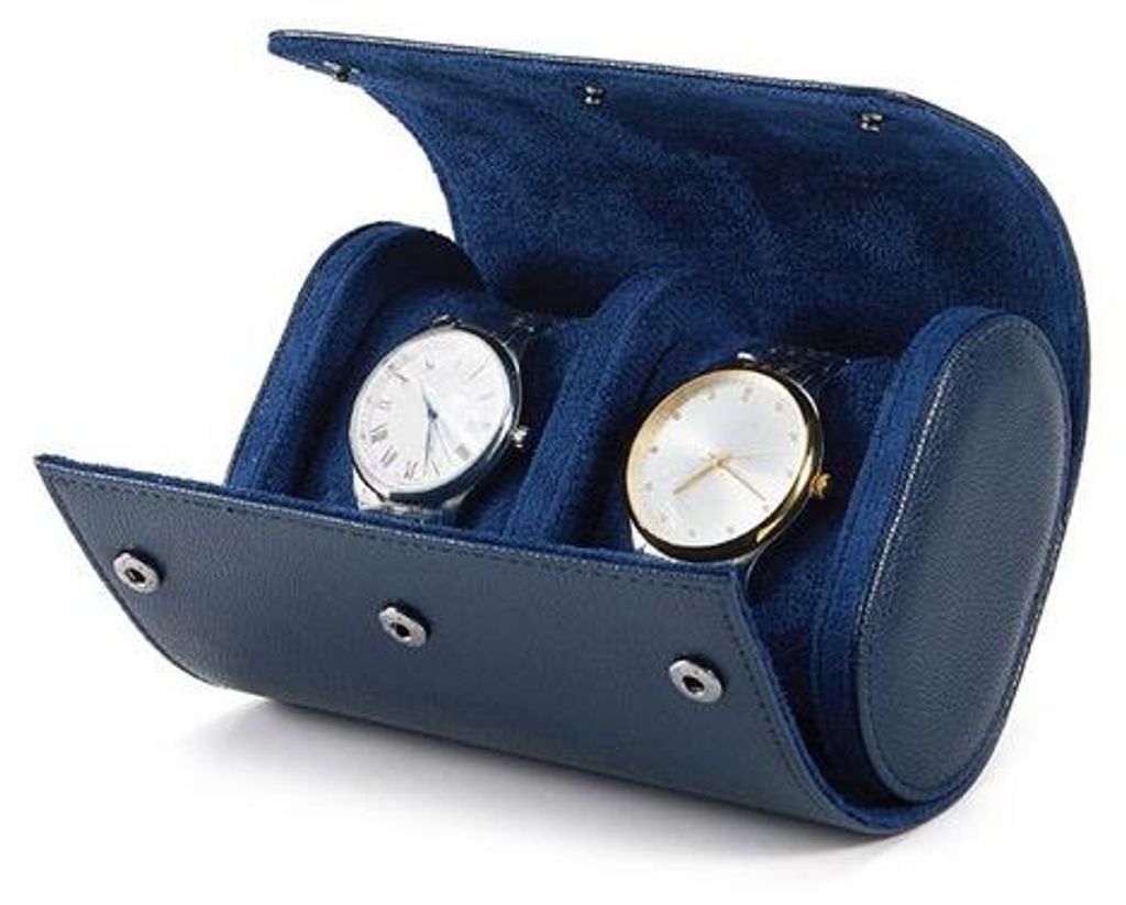 Reisehorloge-Tasche - Leder-Reiseorganizer - 2-Uhr-Fächer - Unisex - Ausklappbare Füllung - Für Uhren aufbewahren und präsentieren - Blau