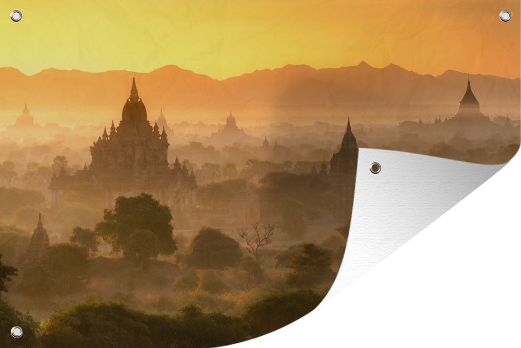MuchoWow 60x40 cm Outdoor-Poster Gartendeko Sichtschutz Garten Poster für den Garten Sonnenuntergang hinter den Bergen von Bagan in Myanmar