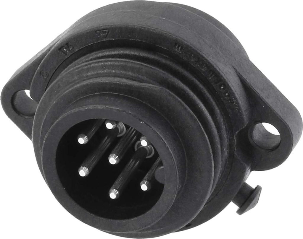 A close-up, angled view of a black electrical connector with multiple pins.