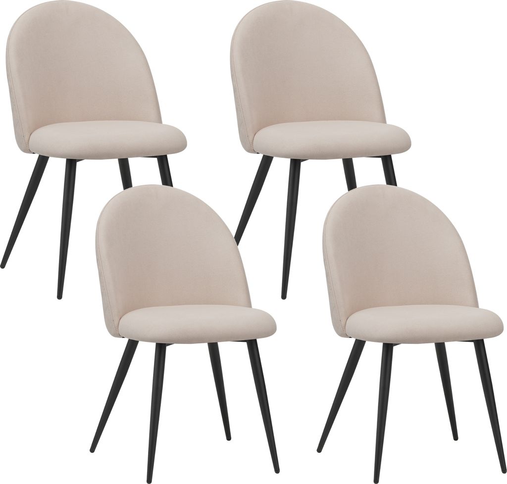 Four beige dining chairs with black legs are arranged on a white background.