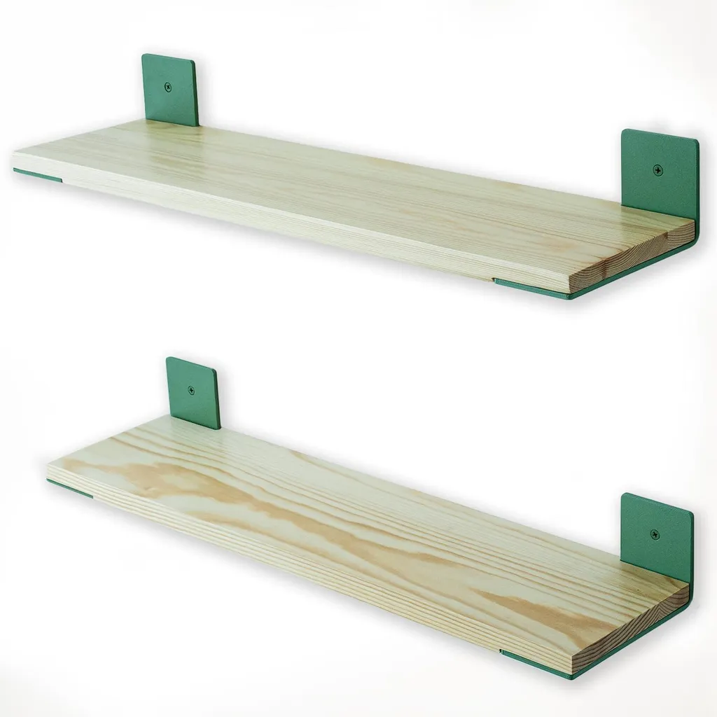 Étagère flottante bois naturel et vert 60cm, lot de 2 pour décoration