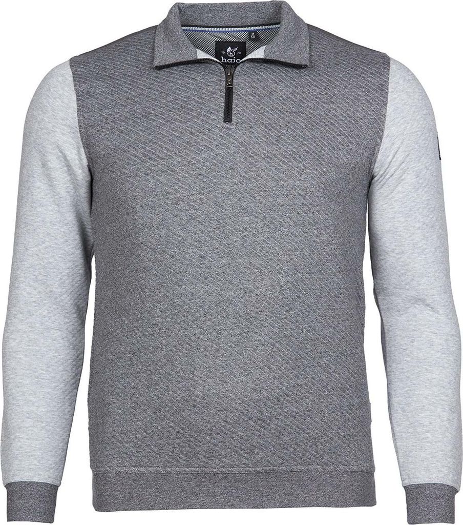 Hajo Herren Troyer Pullover Grau-Hellgrau mit Stehkragen und kurzem Reißverschluss