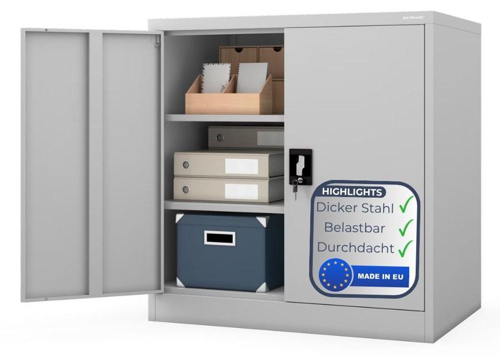 Aktenschrank abschließbar KADO - 3 Ebenen verstellbar, Flügeltüren | Metallschrank Werkstatt Mehrzweckschrank Büroschrank aus Stahl Werkzeugsch...