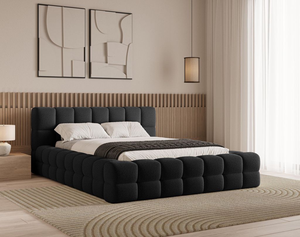 Chilly Design Polsterbett Verona Schwarz Bouclé Stoff 180x200 cm mit Stauraum