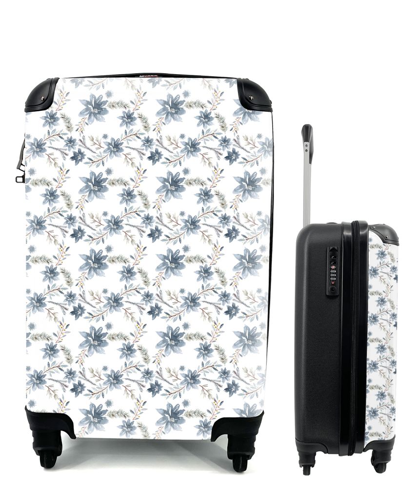MuchoWow Koffer Handgepäck Trolley Rollkoffer Kleine Reisekoffer mit 4 Rollen - Vintage - Blumengirlande - Blau - Cabin Size < 55x40x23 cm & 55x...