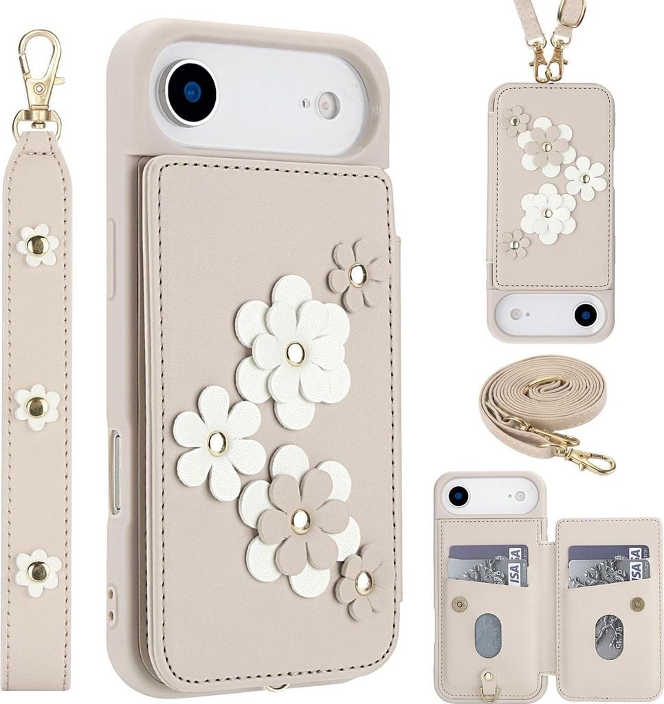 Crossbody Kunstleder Hülle für Apple iPhone 17 Air mit Blumenmotiv & Kartenfach Weiß
