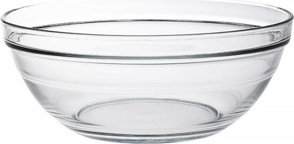 A clear, studio shot of a transparent glass bowl on a white background.