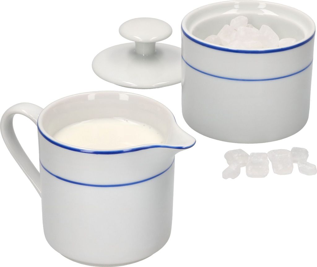 Basic Blue Snap 2tlg. Set Milchkännchen & Zucker-Dose + Deckel weiß Porzellan
