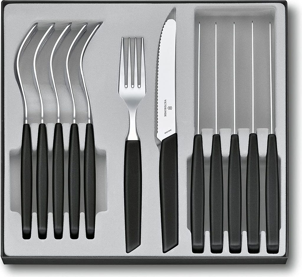 Victorinox Swiss Modern Besteck-Set für 6 Personen, 12-teilig, inkl. scharfe Messer mit Wellenschliff, Kunststoffgriffe, Schwarz