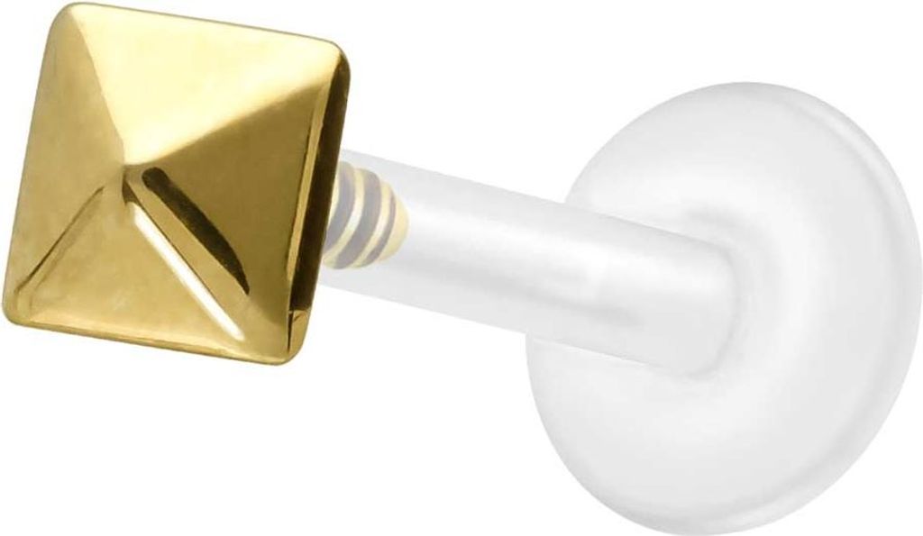Ohrpiercing, Nasenpiercing PTFE Labret mit Innengewinde + Titan-Aufsatz PYRAMIDE Gold Stablänge: 8mm | Stabstärke: 1,2mm