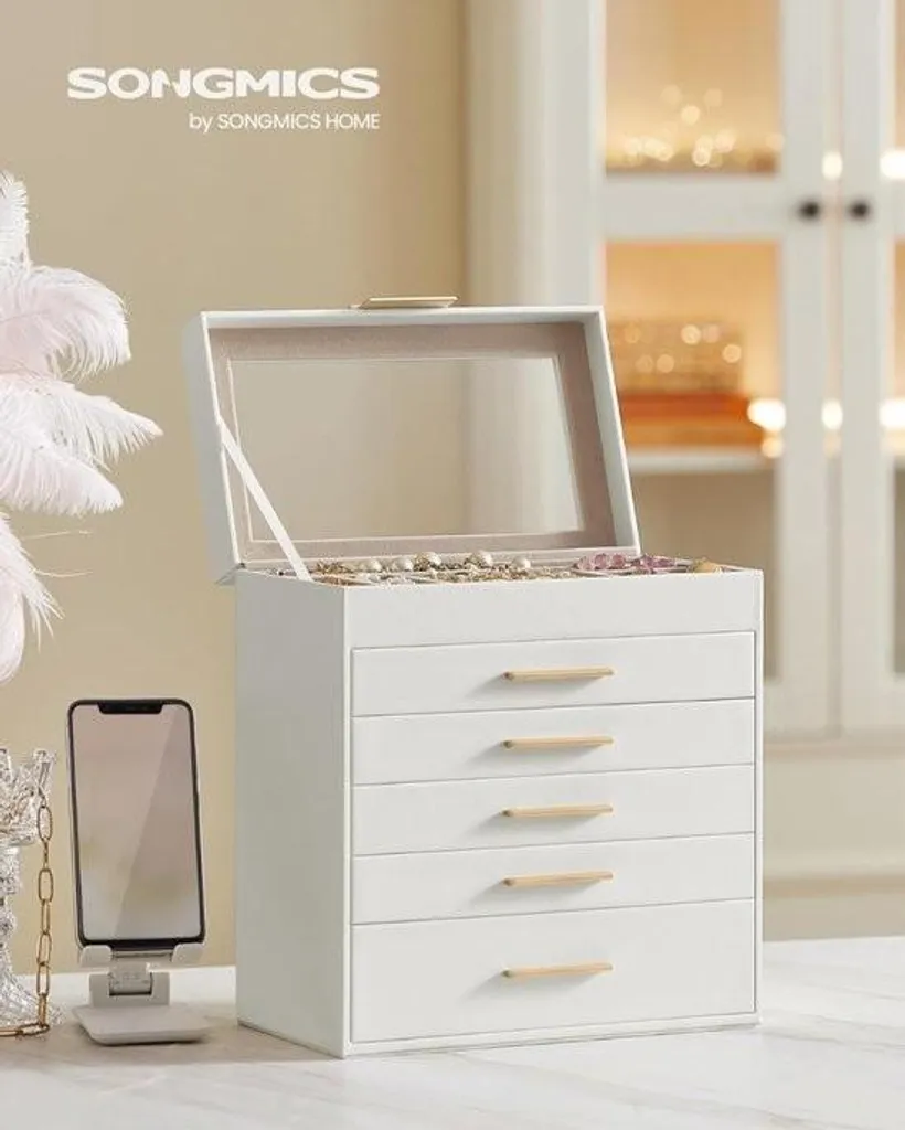 Boîte à bijoux haute capacité blanche avec 5 tiroirs de rangement