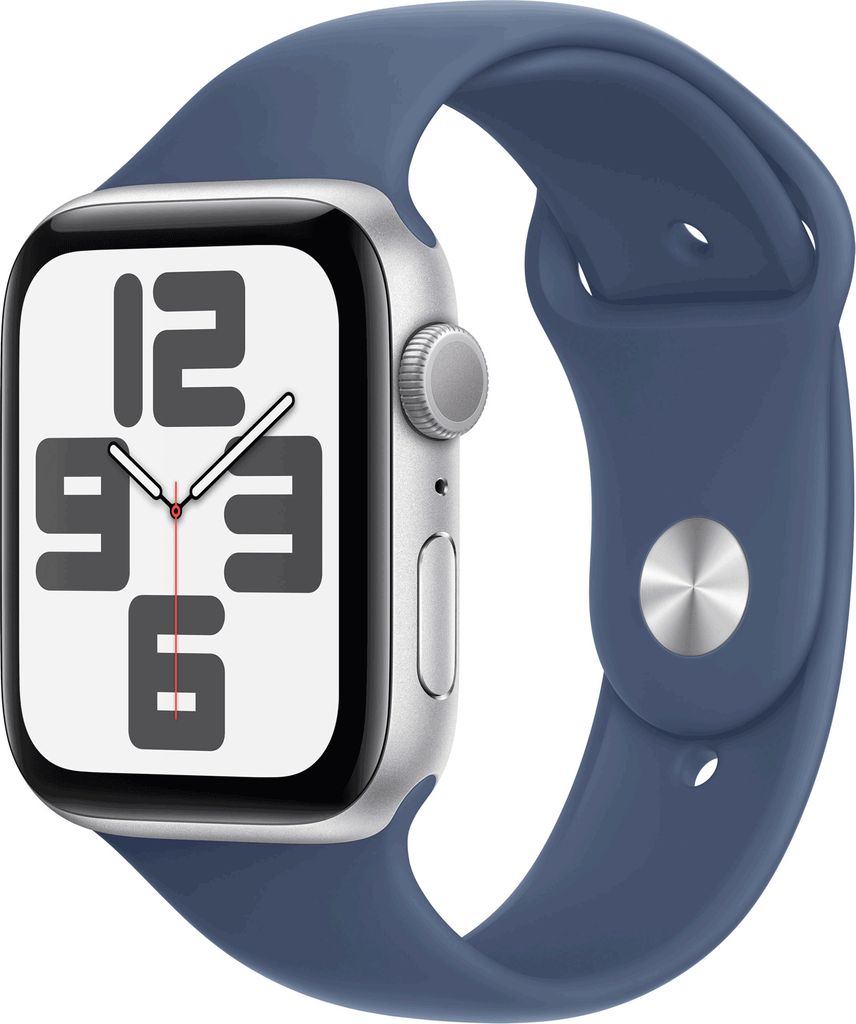 A smartwatch with a blue band is shown against a white background.