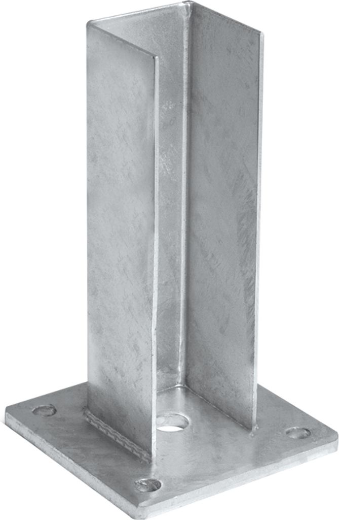 A galvanized steel post base plate, also known as a footplate, is shown against a white background. The plate is square with a central vertical support structure, designed to hold a fence post or similar vertical element. It has four pre-drilled holes for 